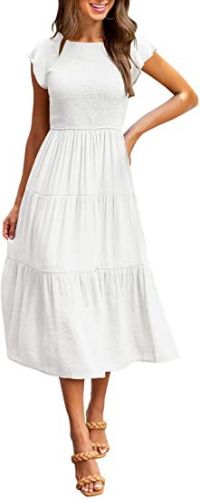 Smocked Waist Flutter Sleeve Tiered Midi Dress for Women