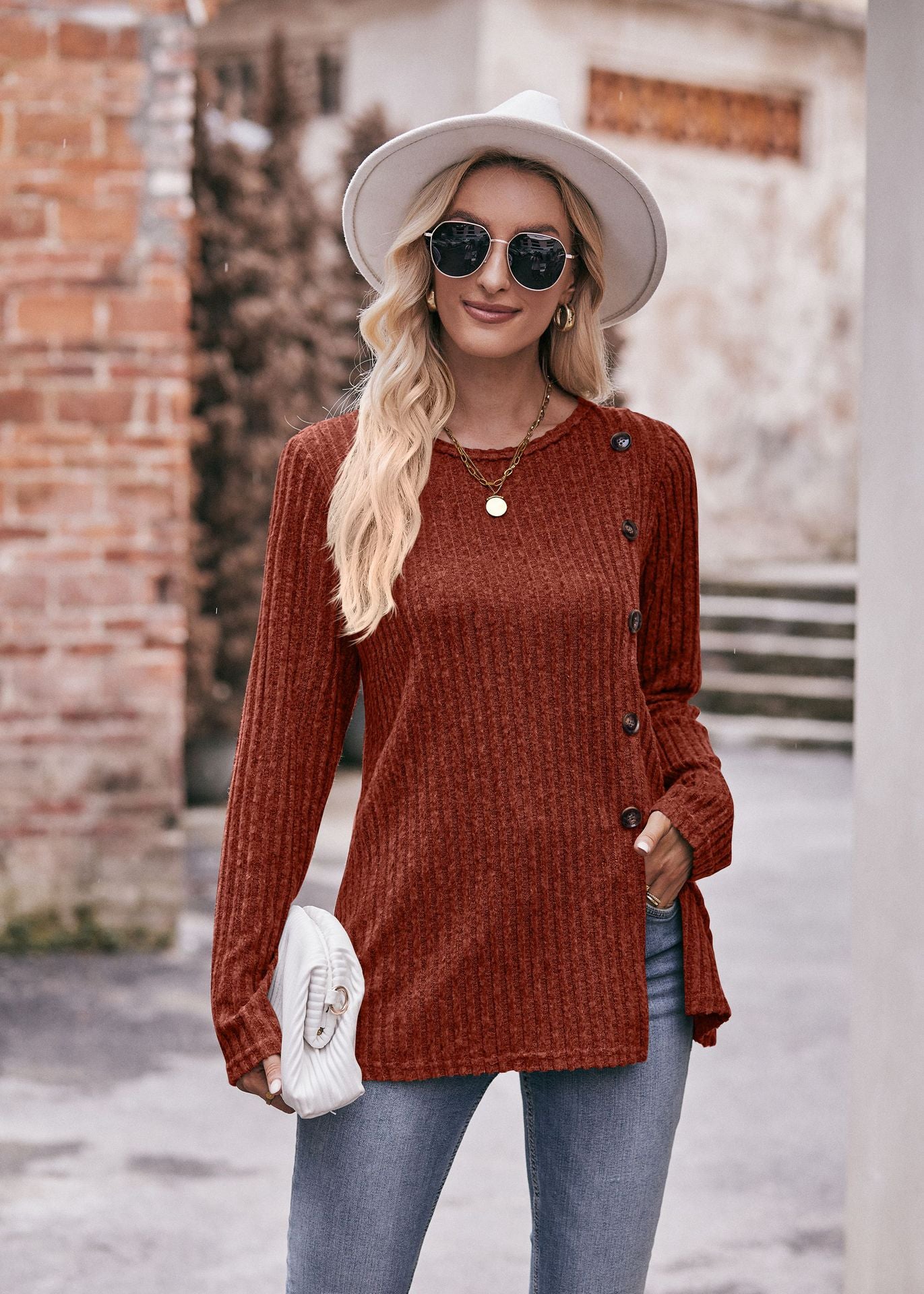 Women's Solid Color Crew Neck Slit Button