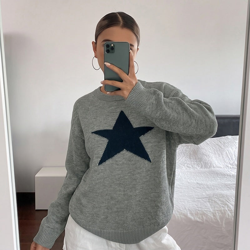 Star Pattern Knit Sweater Crew Neck Long Sleeve Top