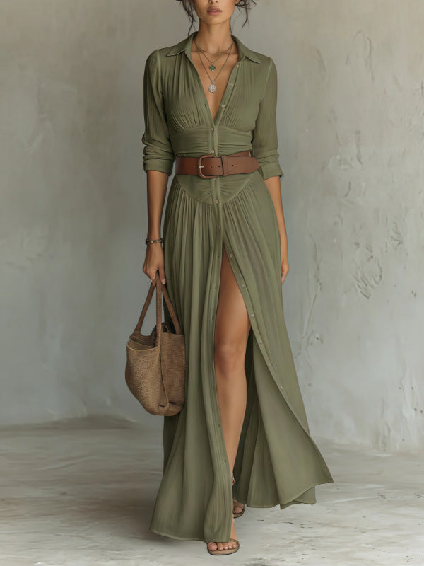 Belted V Neck Maxi Shirt Dress with Front Slit