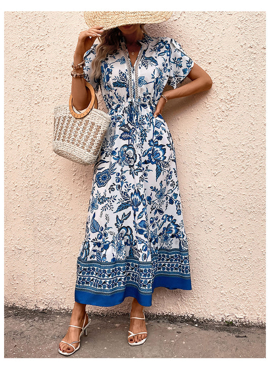 Floral Print Midi Dress Boho V Neck