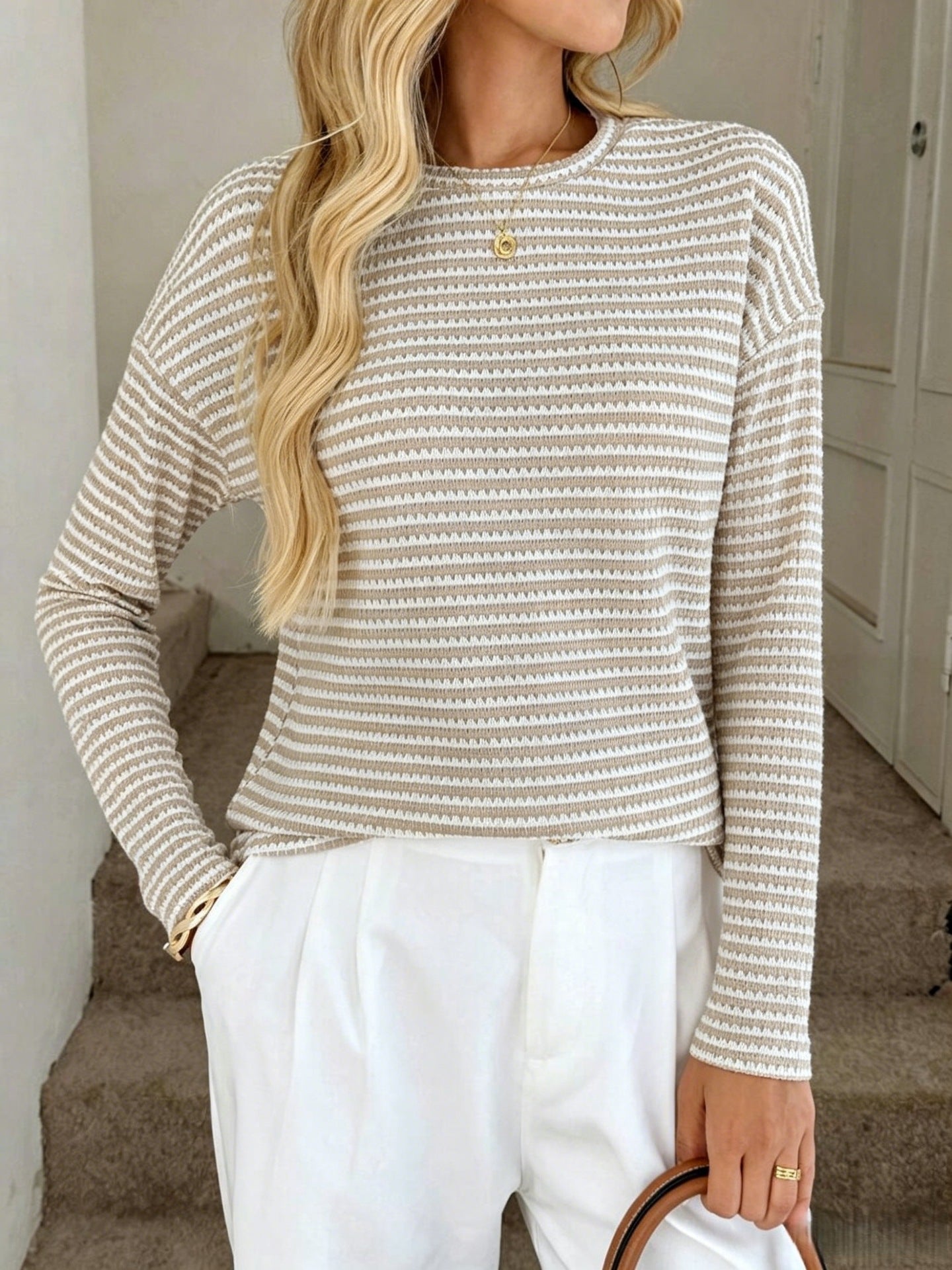 Striped Sweater Casual Textured Crewneck Pullover