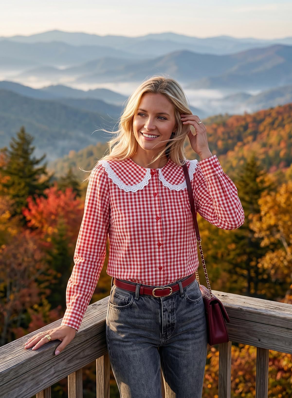 Gingham Lace Peter Pan Collar Long Sleeve Blouse