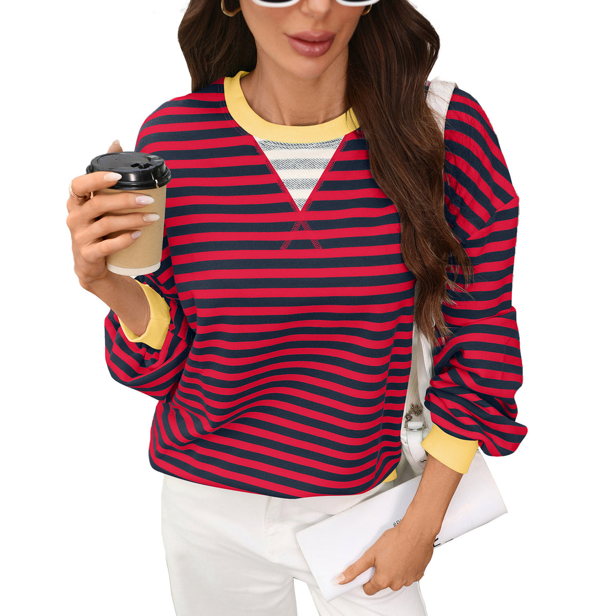 Women Striped Color Block Crewneck Oversized Sweatshirt