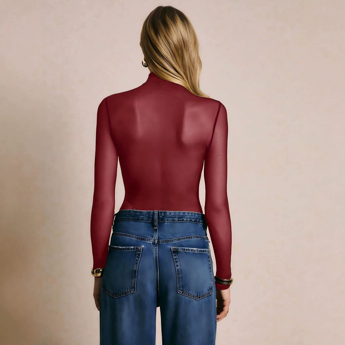 Sexy Sheer Mesh Long Sleeve Cross Neck Bodysuit