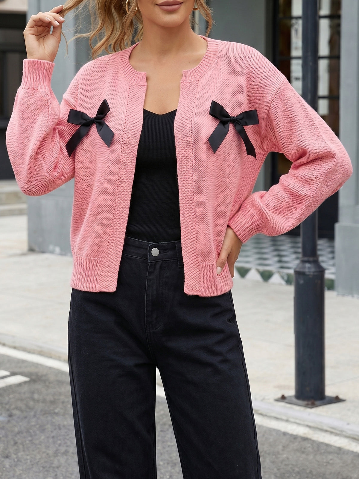 Coquette Bow Cardigan Women Knit Sweater Open Front