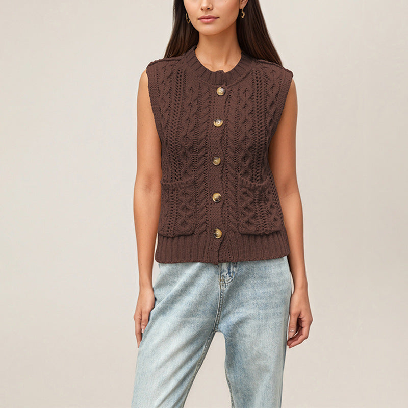 Women's Cable Knit Sleeveless Cardigan Vest Button Front
