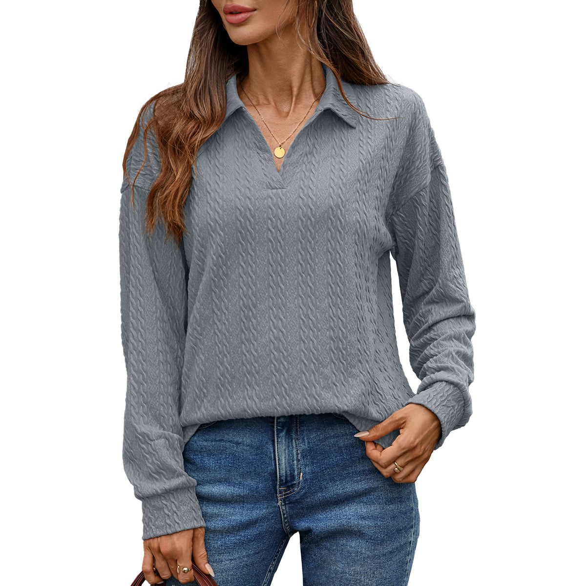 Women's Collared Long Sleeve Solid Pullover Top