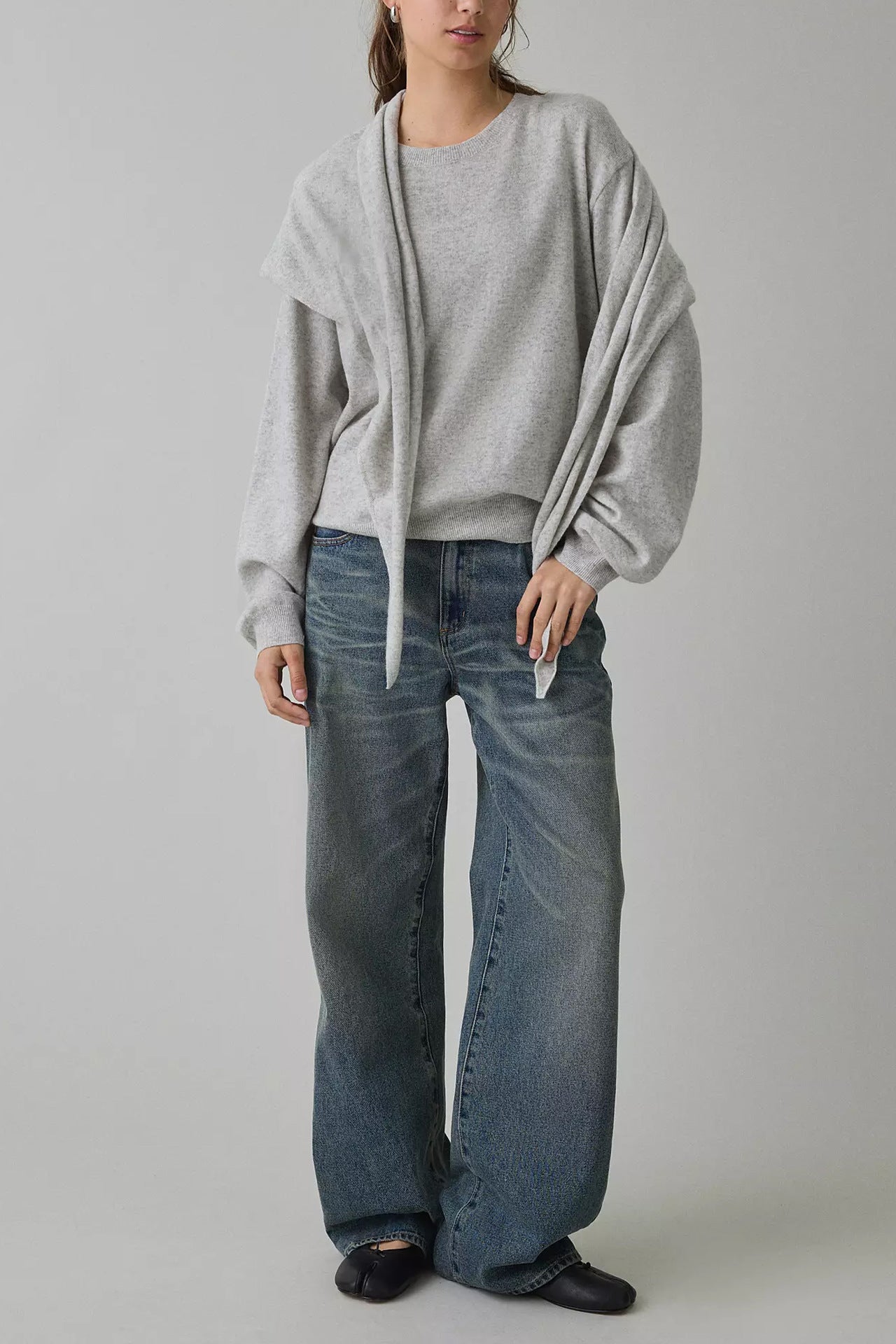 Striped Knit Sweater Shawl Detail Oversized Casual Pullover
