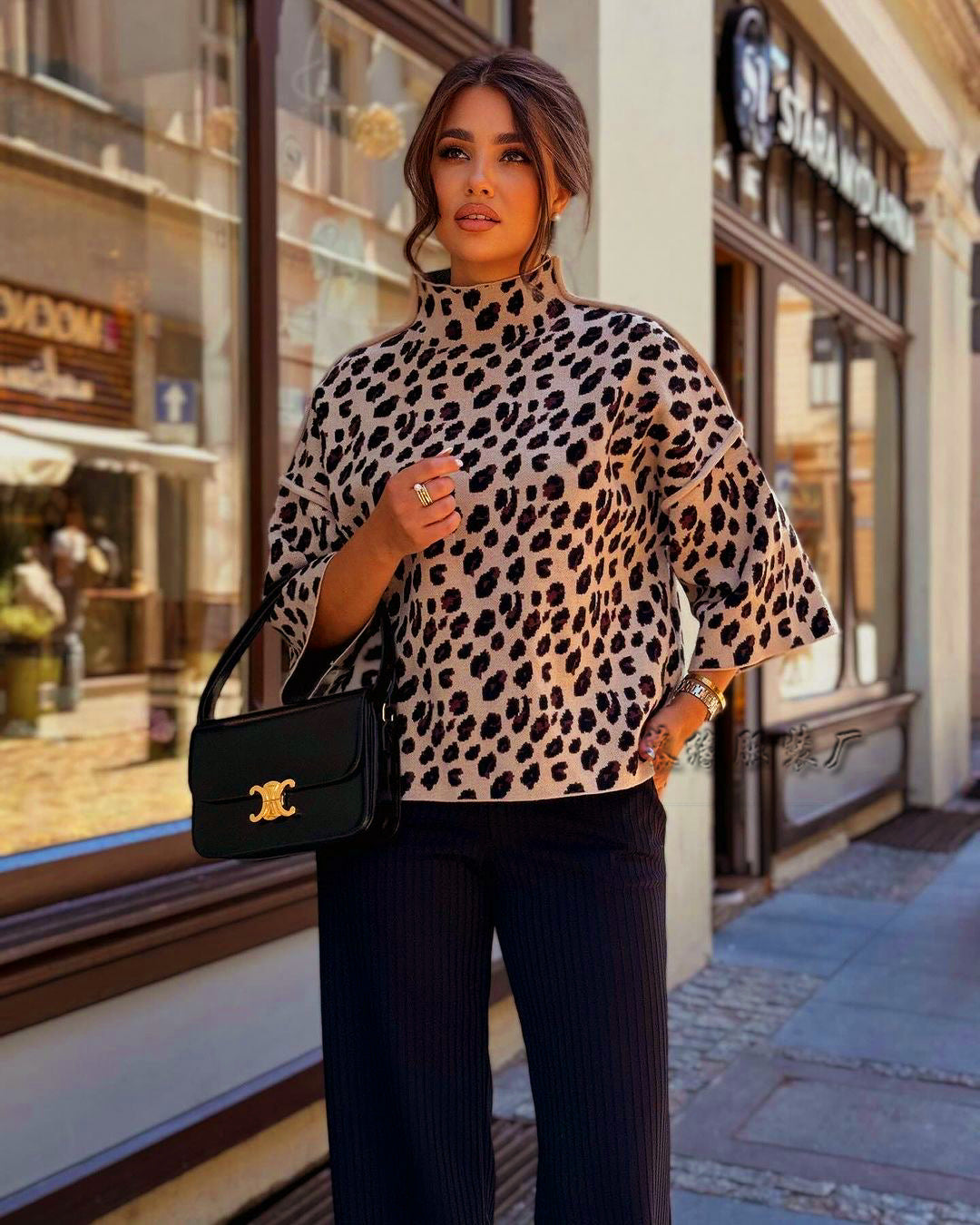 Women's Leopard Print Mock Neck 3/4 Sleeve Sweater