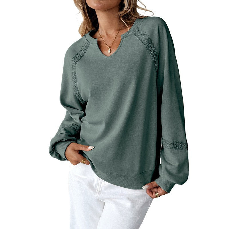 Lace Detail Oversized Sweatshirt Split Neck Long Sleeve Top