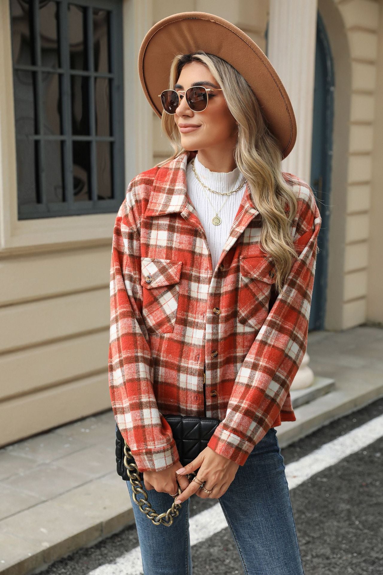 Long Sleeve Loose Pocket Plaid Top Wool Jacket