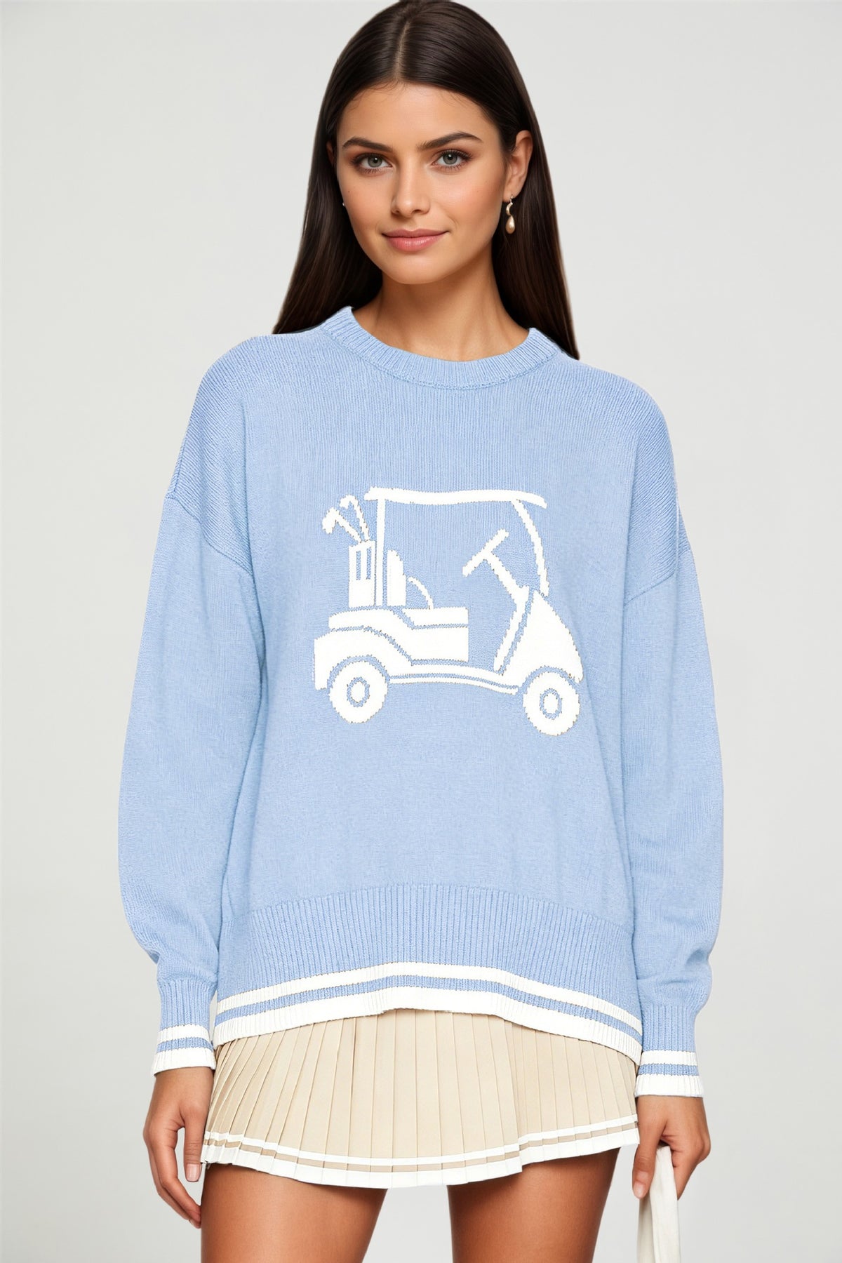 Women's Golf Cart Striped Crewneck Knit Sweater