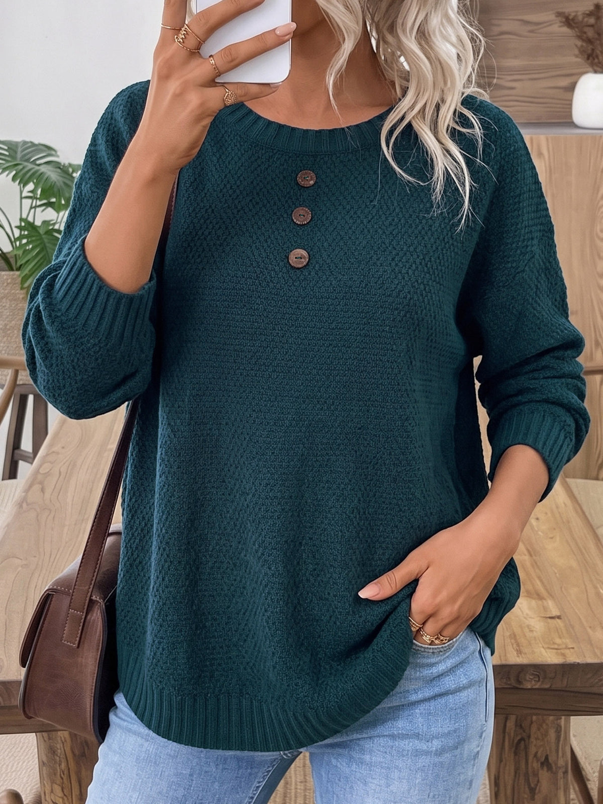 Women's Oversized Coconut Button Crew Neck Sweater