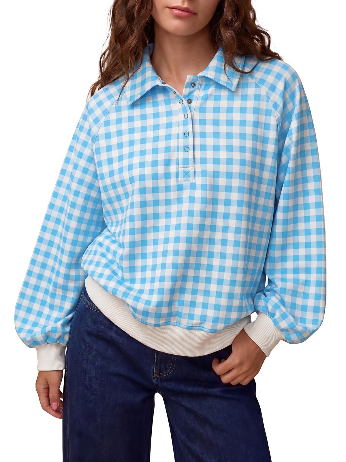 Women's Gingham Polo Oversized Pullover Sweatshirt