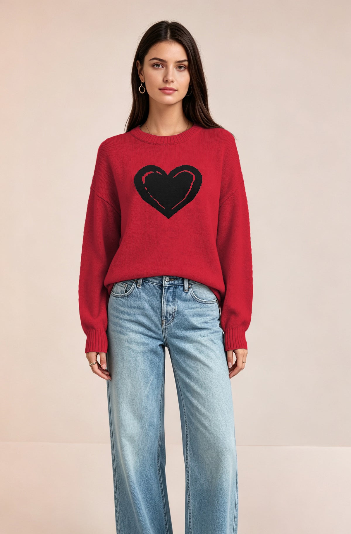 Women's Heart Graphic Crewneck Knit Pullover Sweater