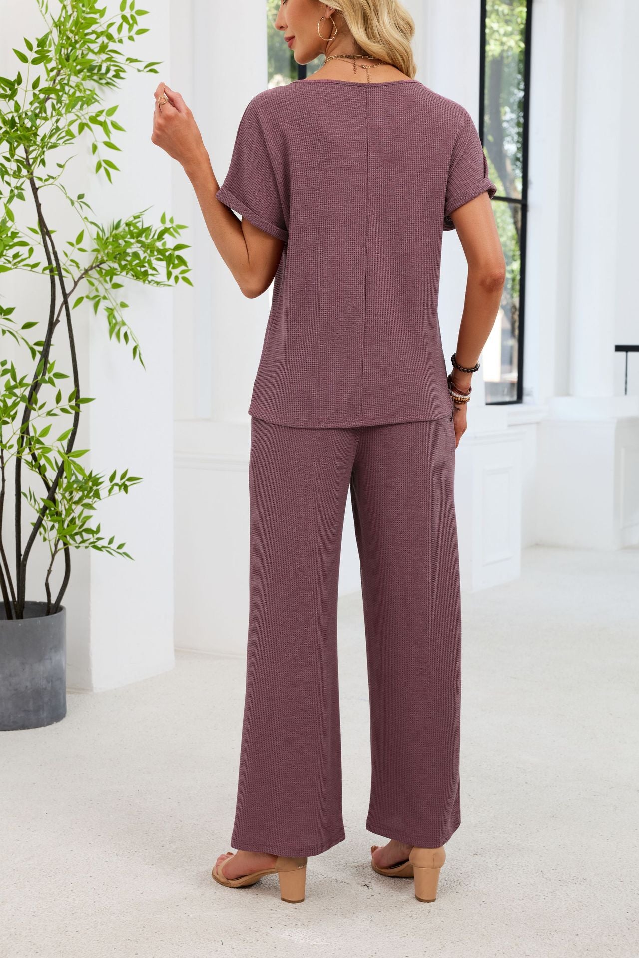 Lace Detail Short Sleeve Top and Wide Leg Pants Set