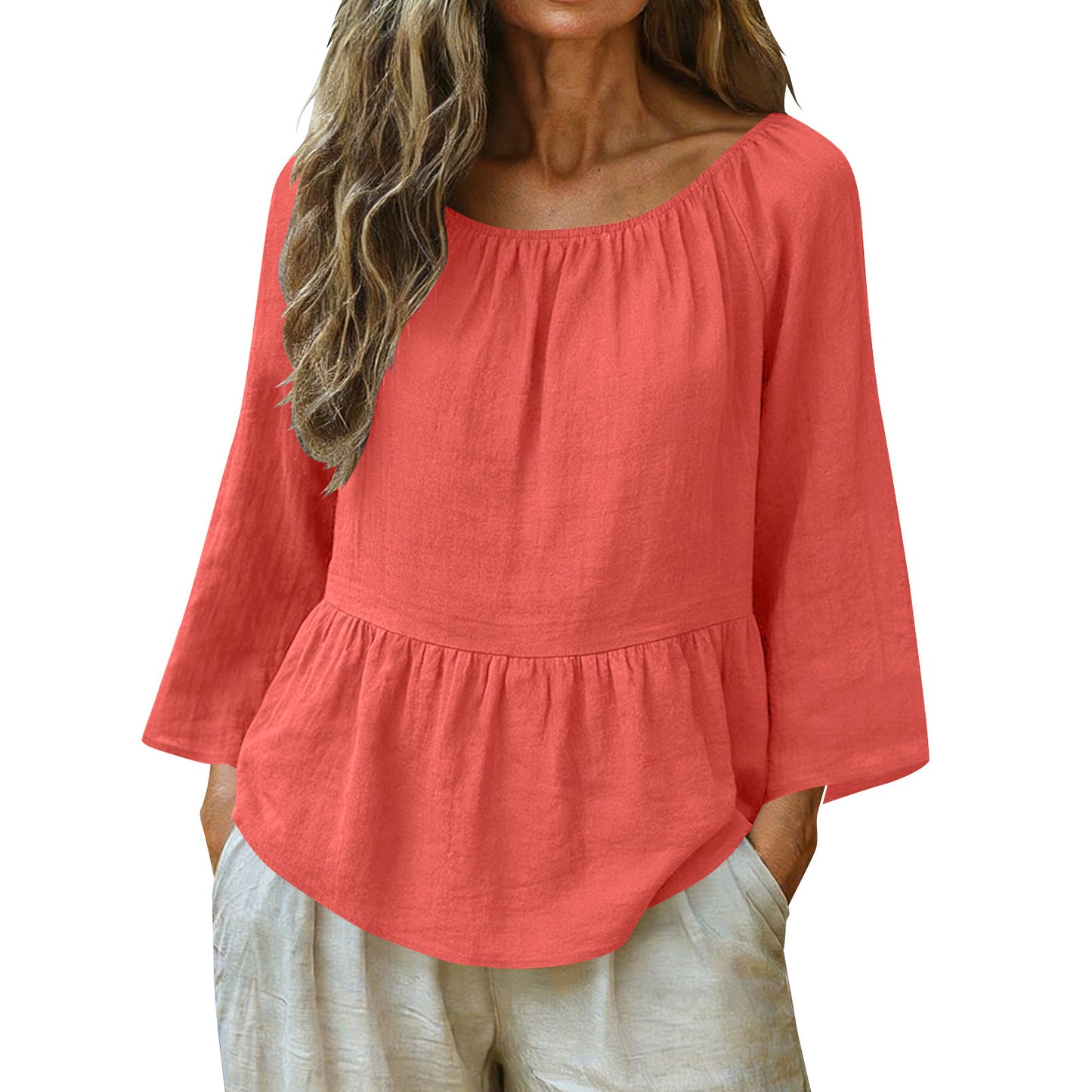 Solid Linen Blend Blouse Boho Peplum Long Sleeve Top