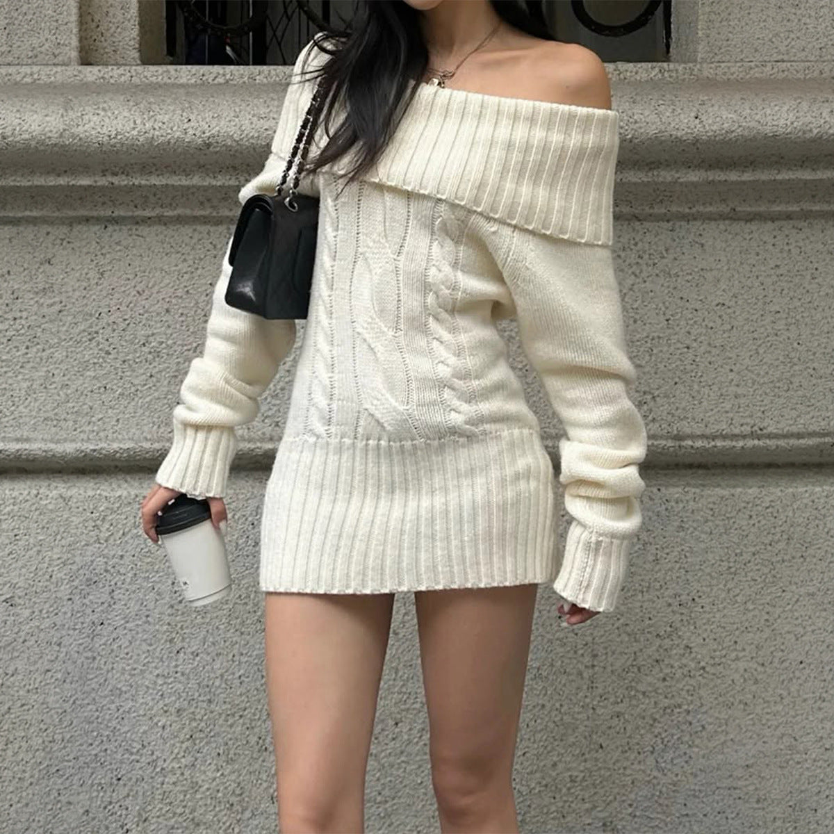 Off Shoulder Cable Knit Bodycon Sweater Dress