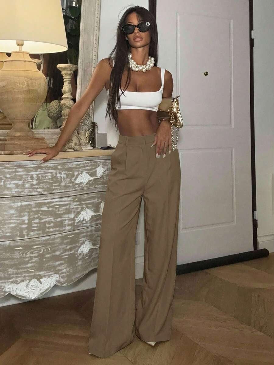 Solid High Waisted Wide Leg Dress Pants Business Work Trousers