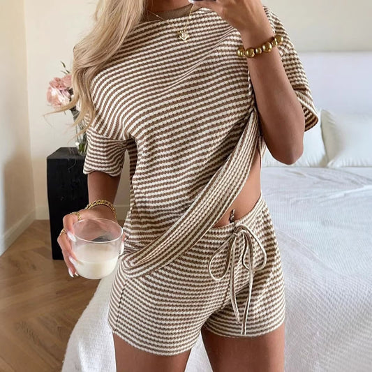 Striped Knit Shorts Set Casual Drawstring Lounge