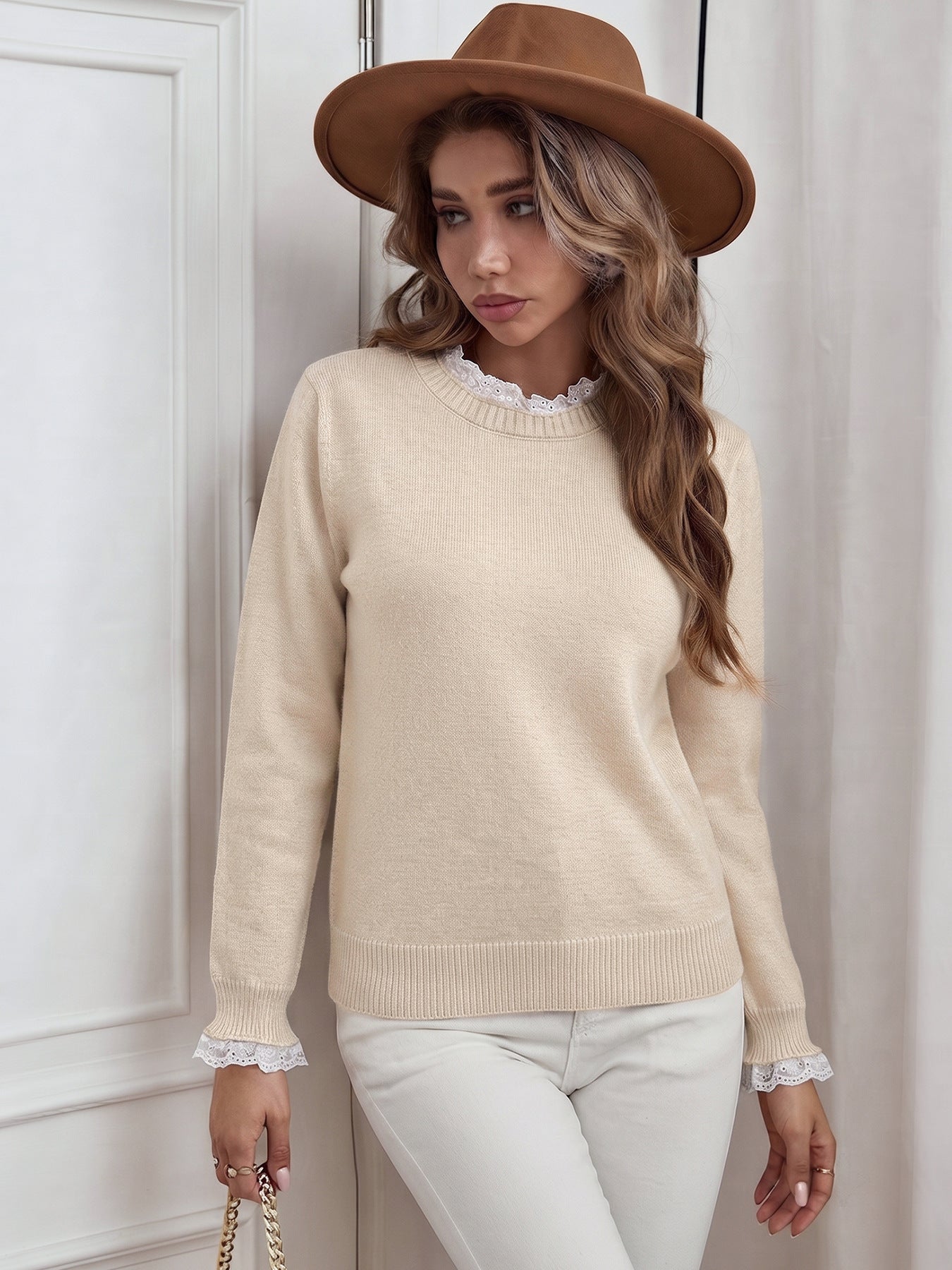 Lace Trim Layered Look Crew Neck Pullover Sweater