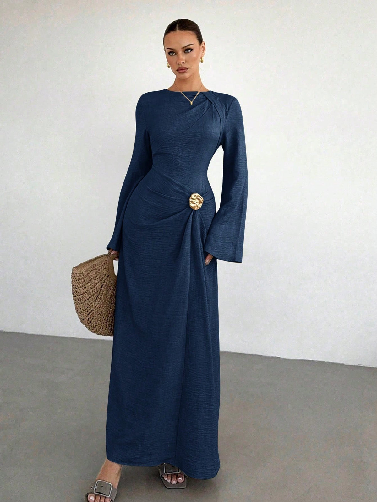 Women's Bell Sleeve Ruched Maxi Dress Gold Button