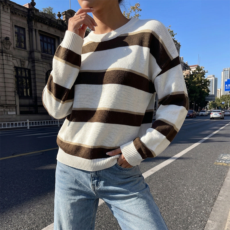 Brown Stripe Crew Neck Oversized Sweater