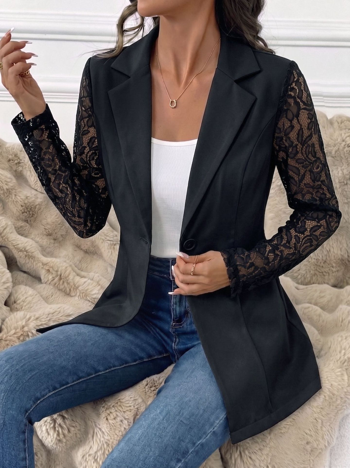 Womens Lace Sleeve One Button Fitted Blazer