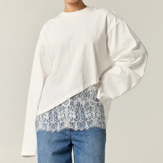 Women's Asymmetrical Lace Trim Long Sleeve Top