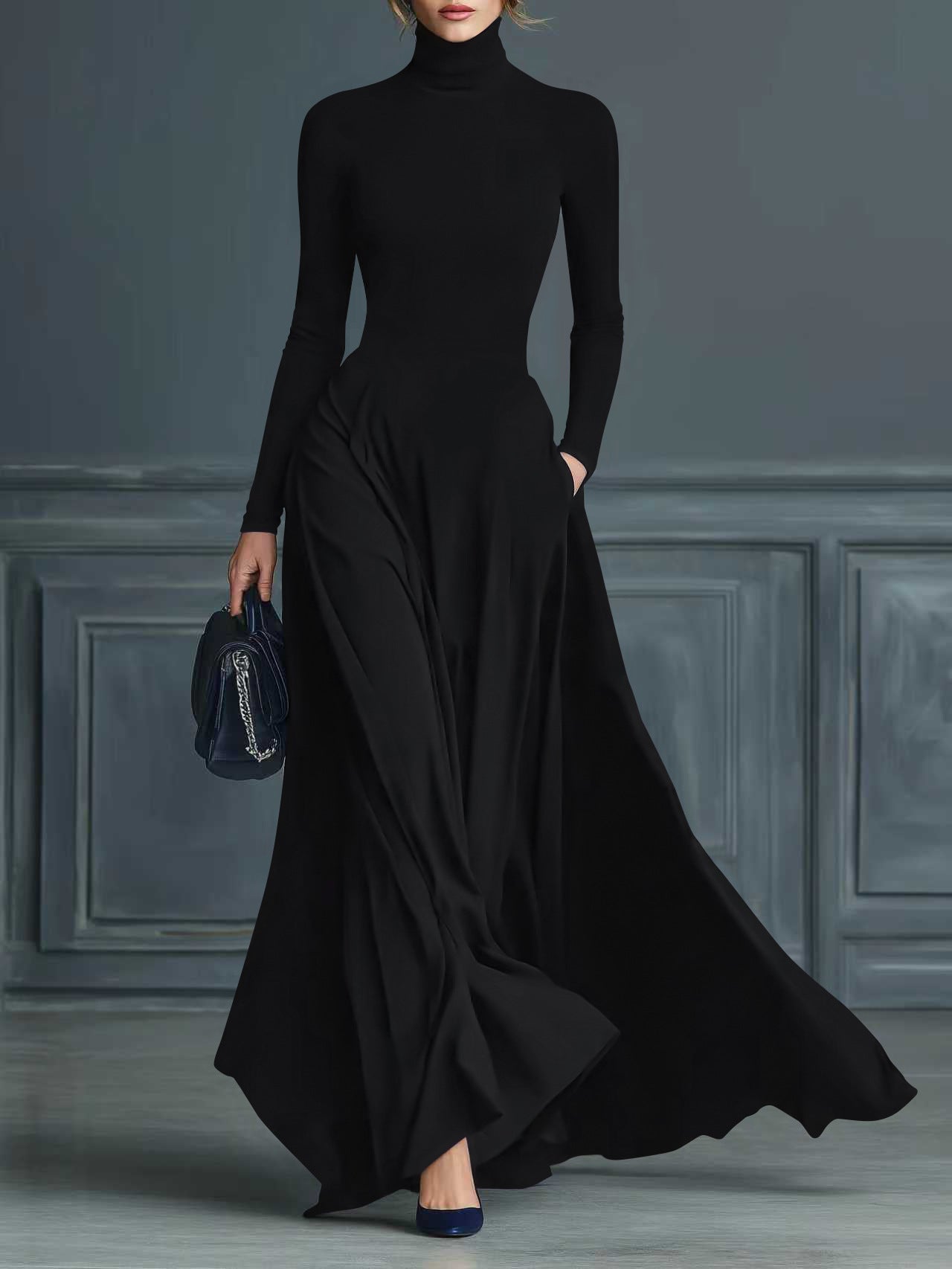 Women's Turtleneck Fit & Flare Long Sleeve Maxi Dress