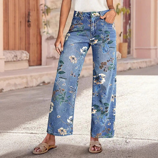 Floral Print Wide Leg High Waist Denim Jeans