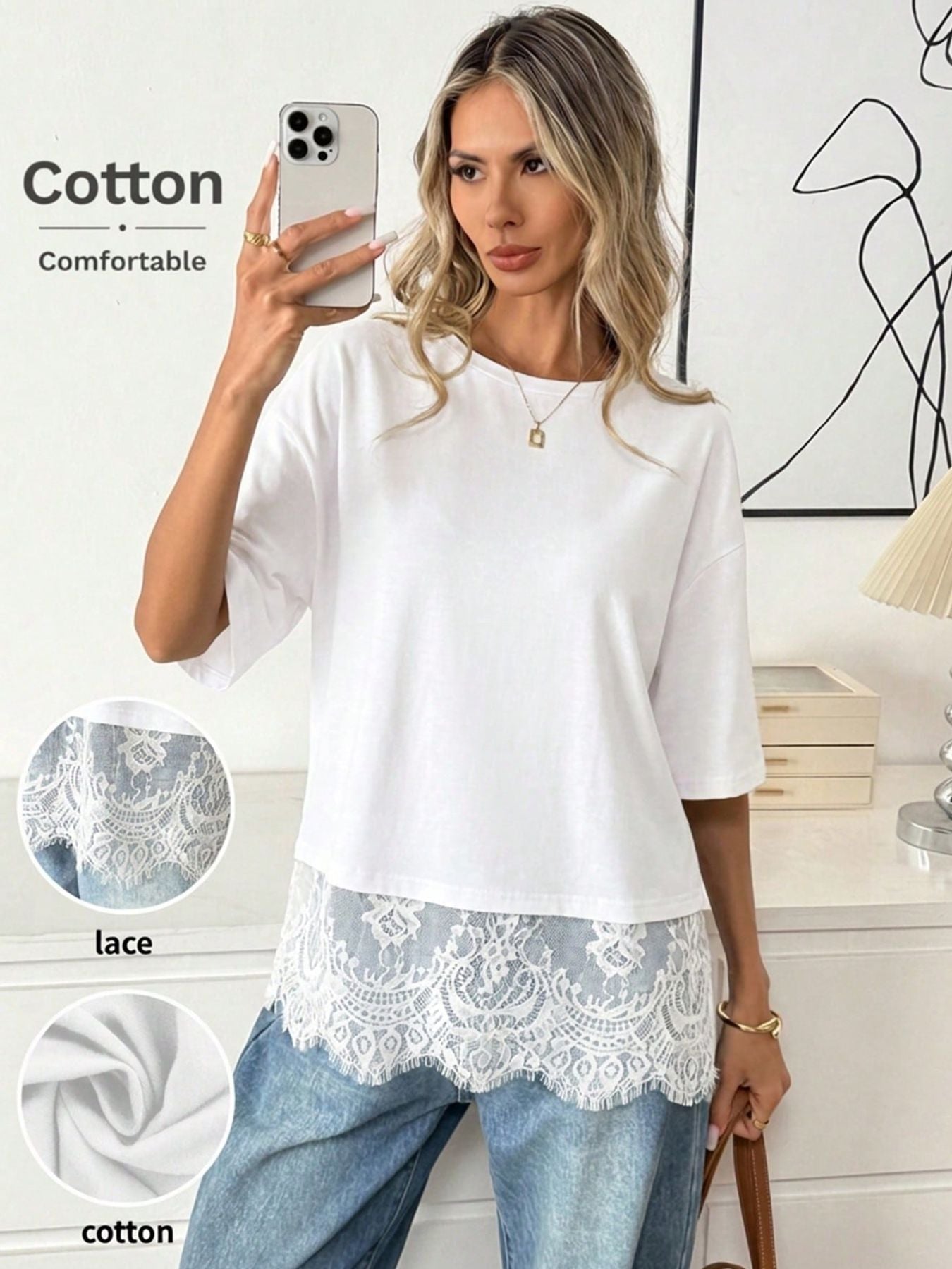 Women Lace Hem Loose Short Sleeve T Shirt