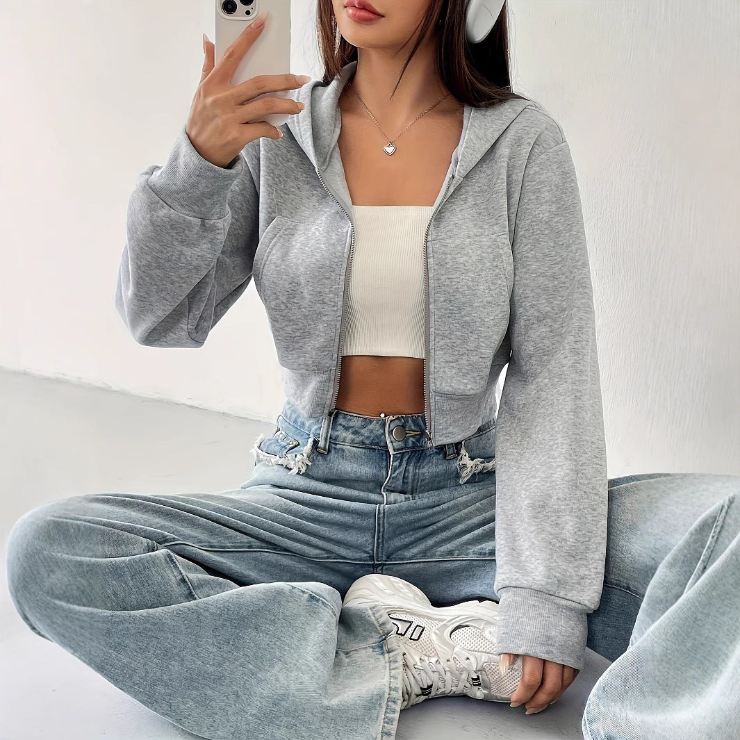 Trendy Cropped Zip Up Hoodie Long Sleeve Sweatshirt