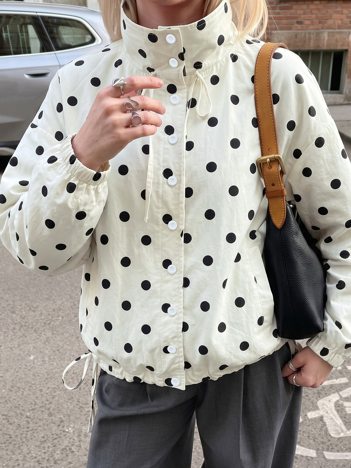 Women's Oversized Polka Dot Button Stand Collar Jacket