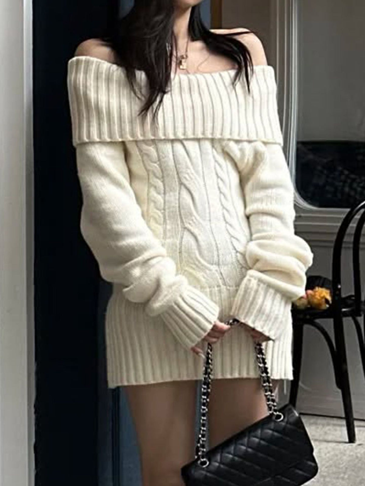 Off Shoulder Cable Knit Bodycon Sweater Dress