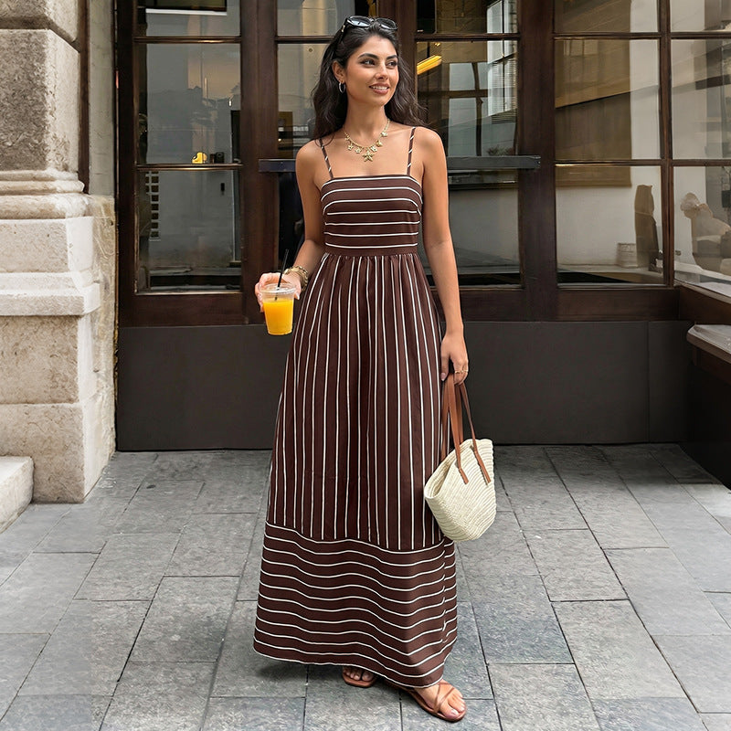 Striped Polyester Maxi Dress Resort Spaghetti Strap