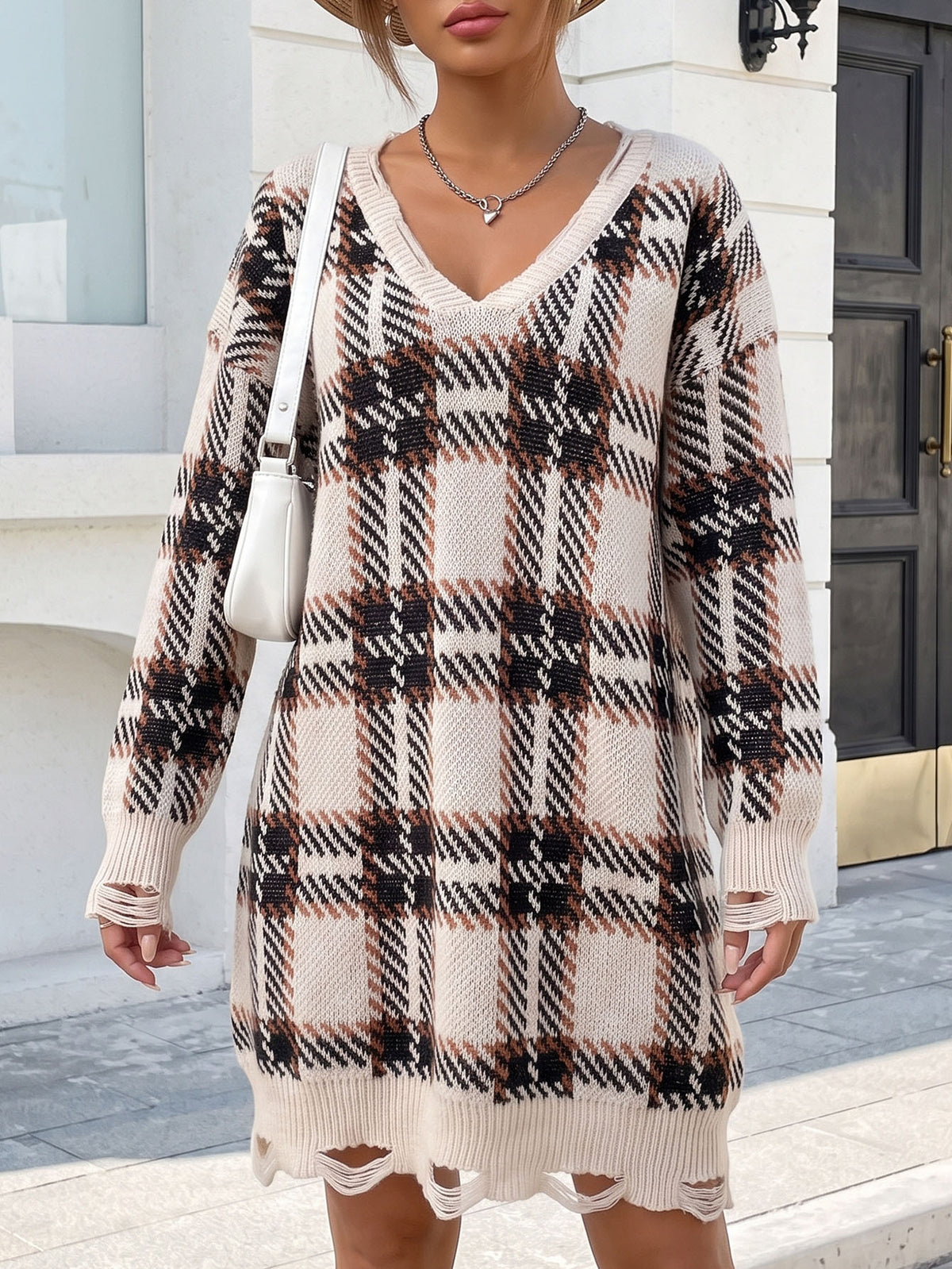 Oversized Plaid V Neck Long Sleeve Knit Sweater Dress