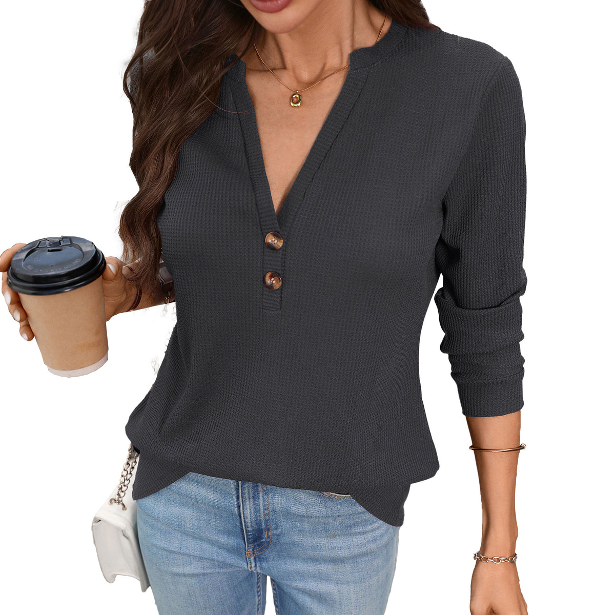 Waffle Knit V Neck Henley Long Sleeve Tunic Top