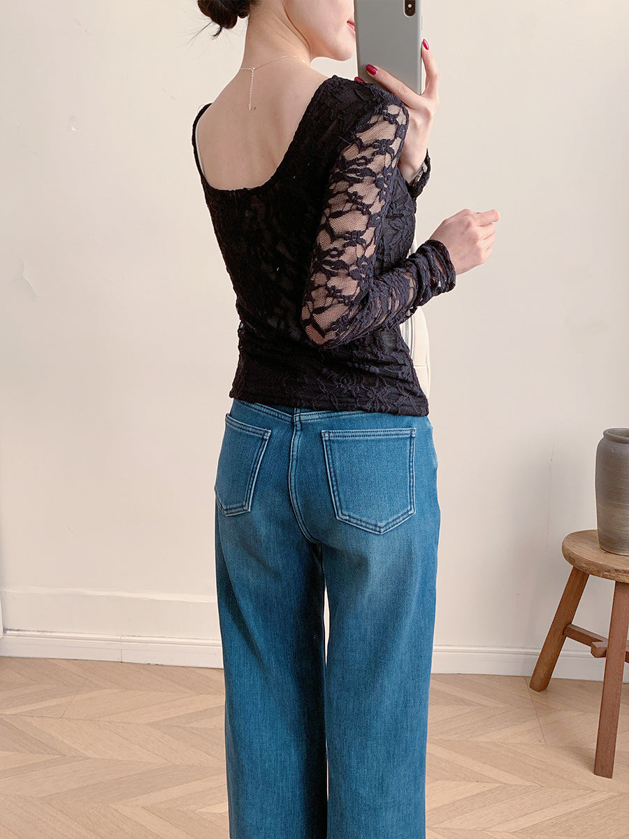 Women's Sheer Blouse Lace Long Sleeve Fitted U Neck Top