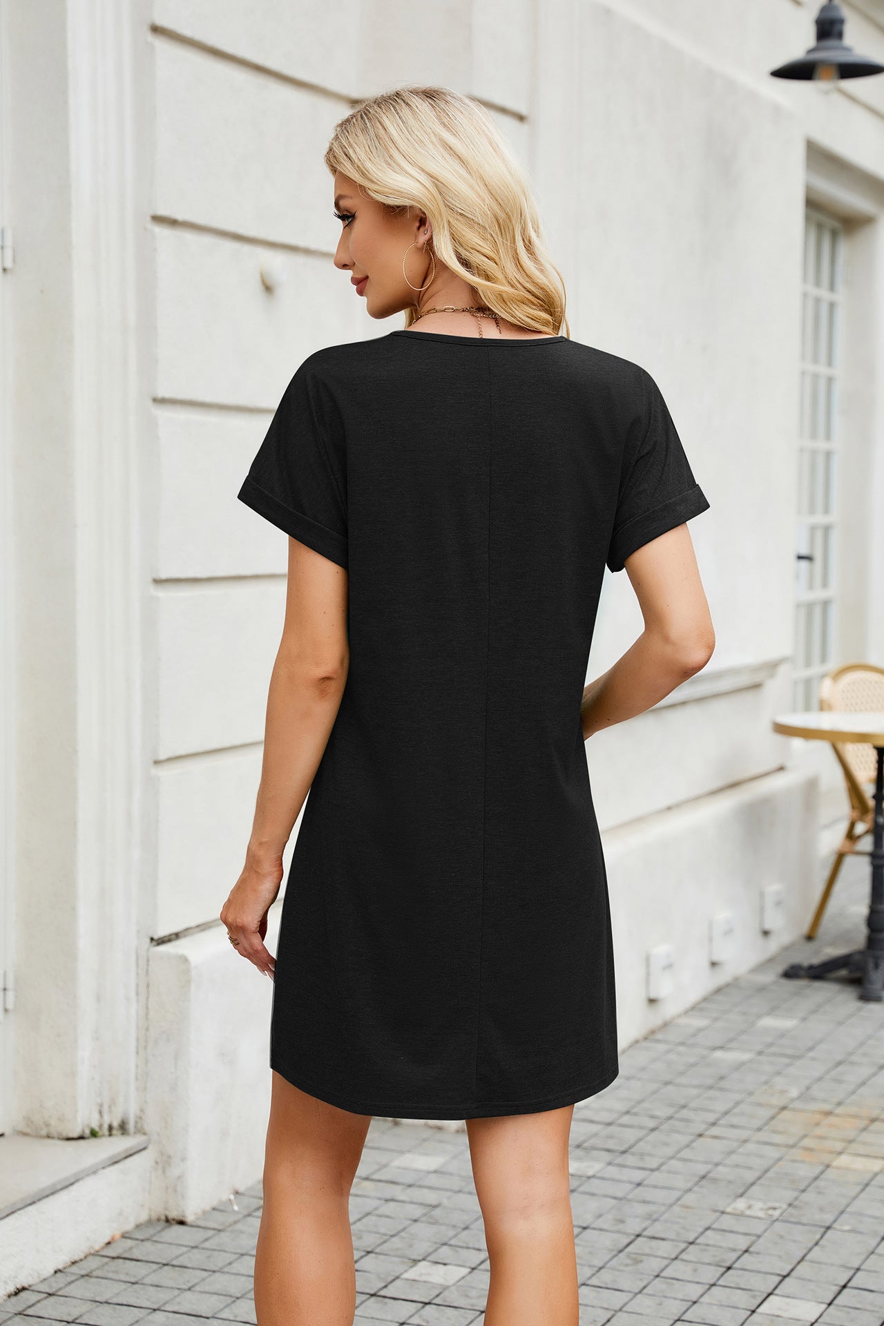 Solid Color V-Neck Loose Short Sleeve Dress