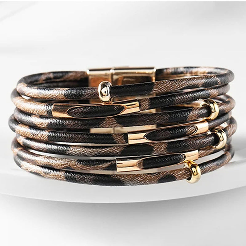 Leopard Leather Wrap Bracelet for Women Magnetic Clasp