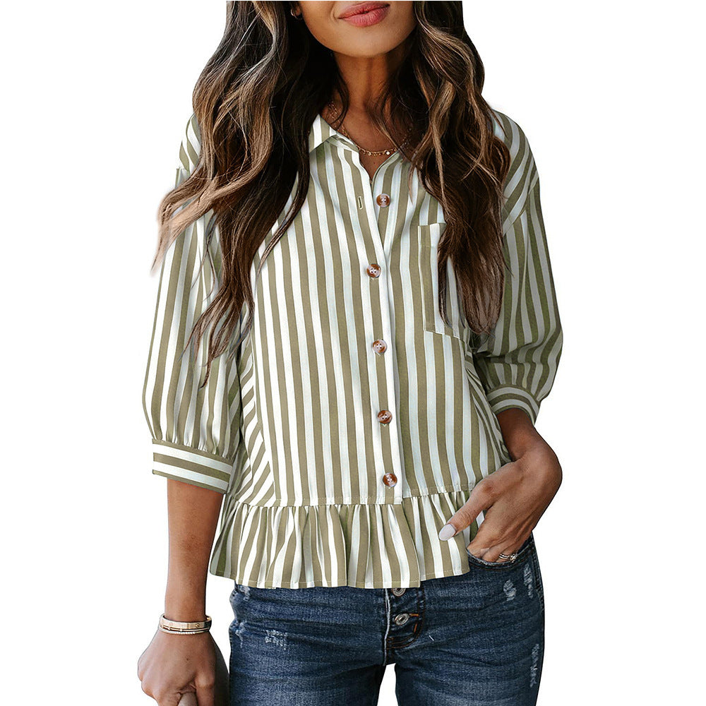 Womens Striped Button Down Ruffle Hem Blouse 3/4 Sleeve