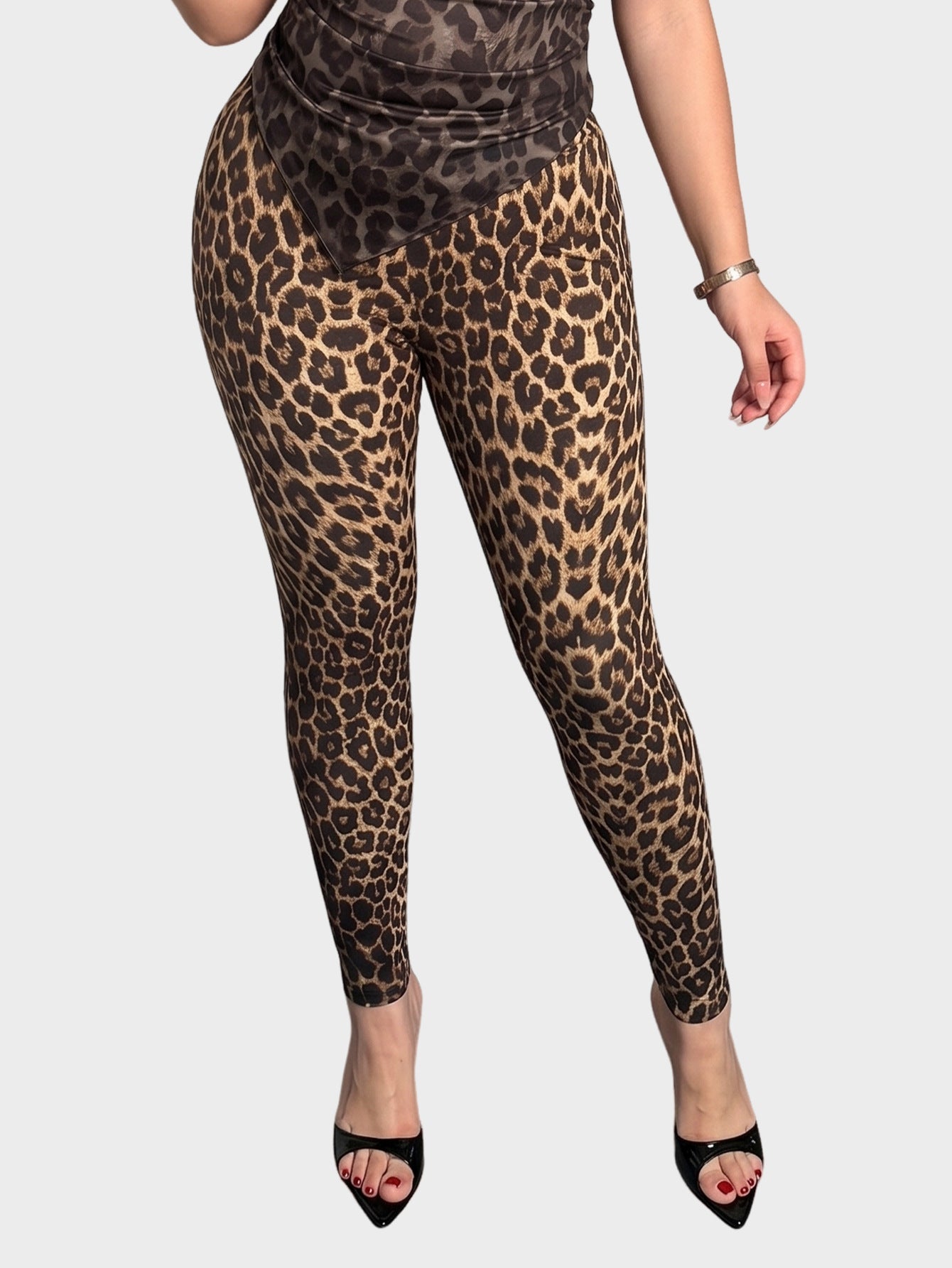 Leopard Print Faux Leather Leggings High Waist Slim Fit