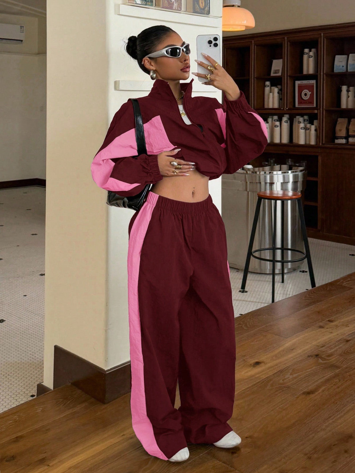 Color Block Half Zip Crop Top Wide Leg Pants Two Piece Set