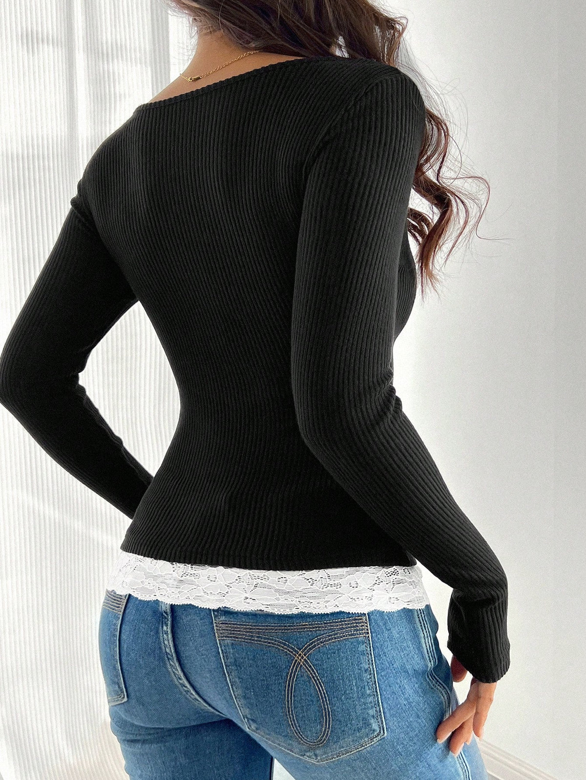 Lace Trim Ribbed Square Neck Long Sleeve Top