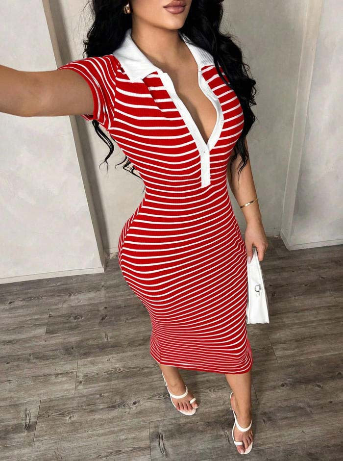 Striped Polo Collar Bodycon Midi Dress Short Sleeve Casual  Wear