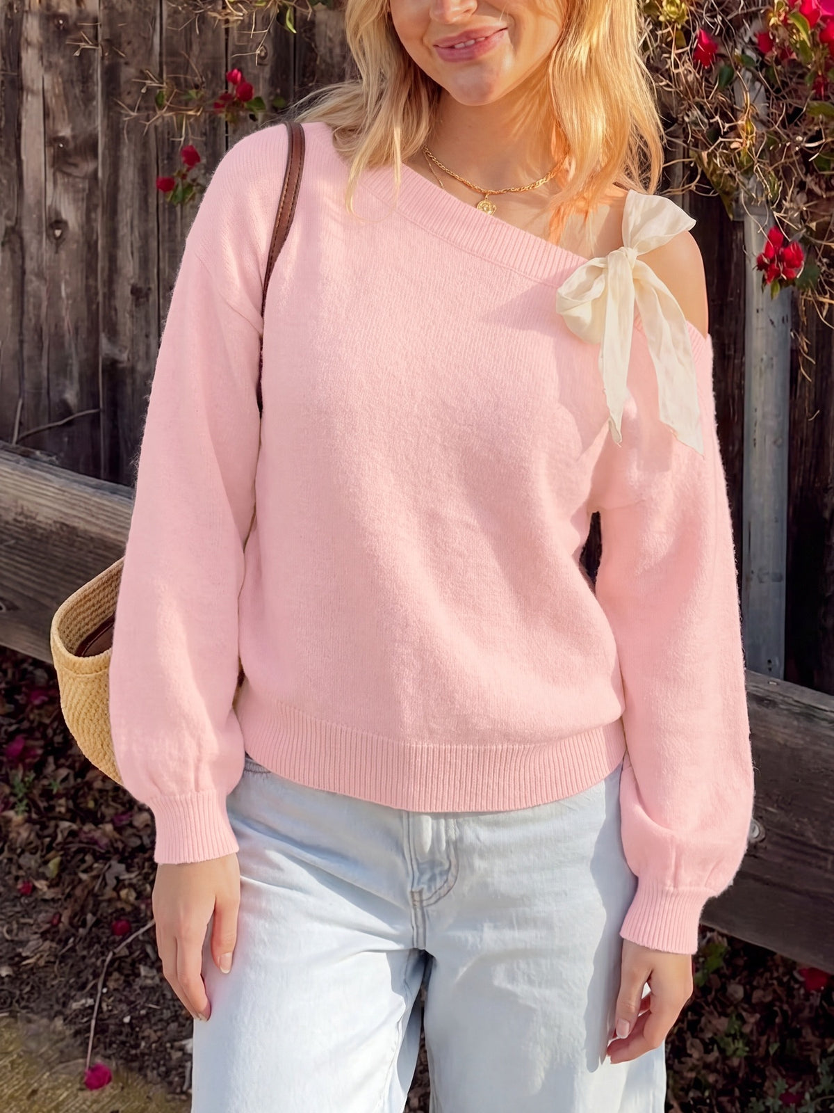 Pink Bow Sweater Asymmetric Cutout Coquette Knit