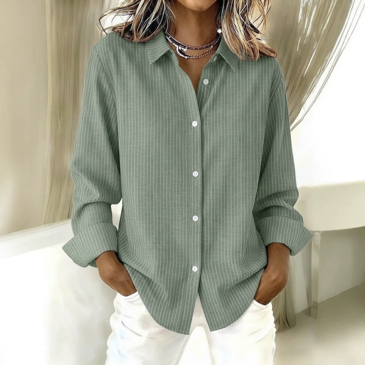 Striped Button Down Shirt, Oversized Long Sleeve Blouse