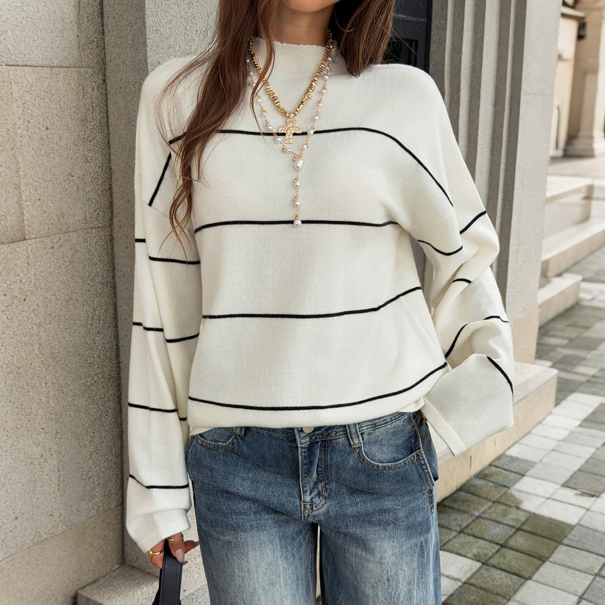 Mock Neck Striped Oversized Cropped Sweater